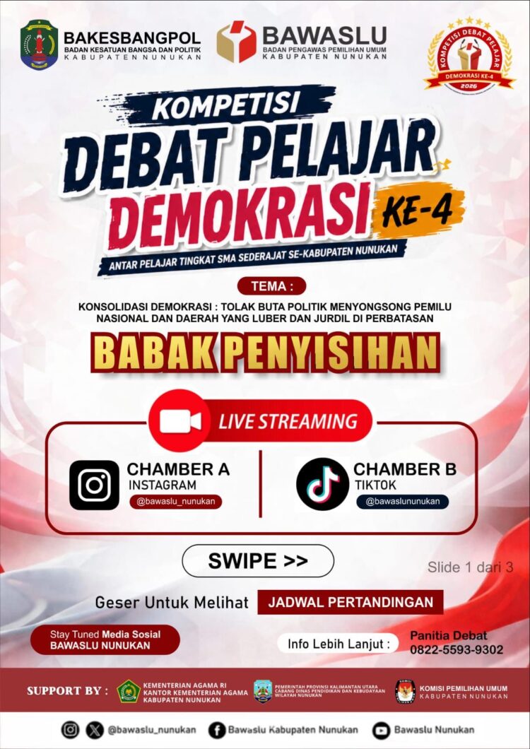 Debat Pelajar Demokrasi Bawaslu Nunukan Ke-4 Kembali di Gerlar, 26 Tim Sekolah Adu Kritis Gagasan Demokrasi di Perbatasan